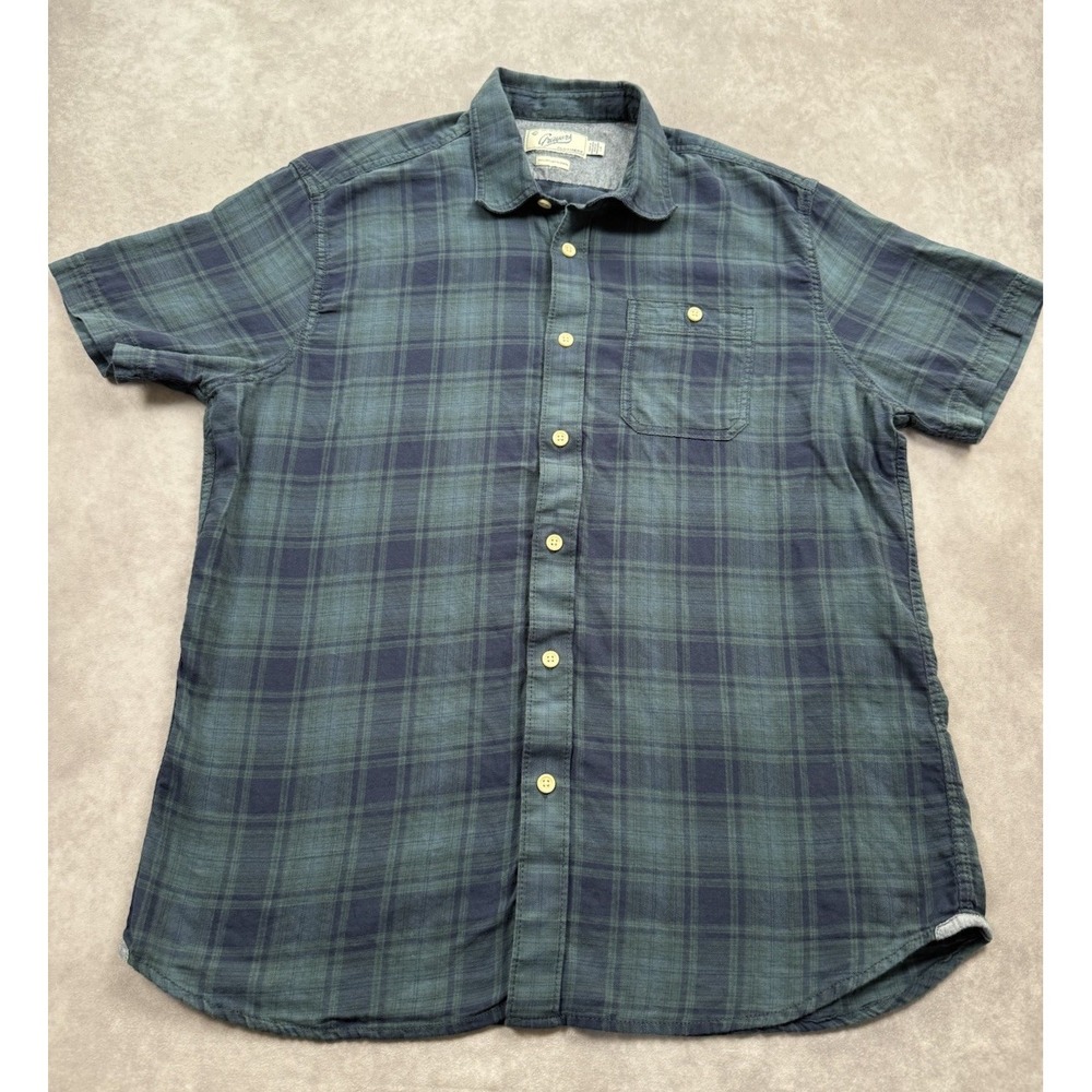 Grayers Men's Sz‎ L Shirt Short Sleeve Button Up Navy Blue Green Plaid Preppy